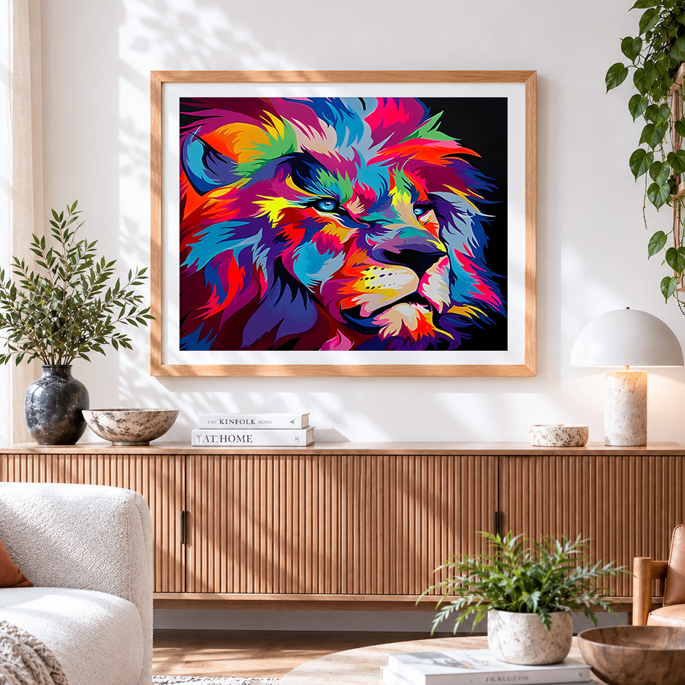Finished vibrant pop art lion in the darkvibrant pop art lion in the dark cross stitch artwork displayed