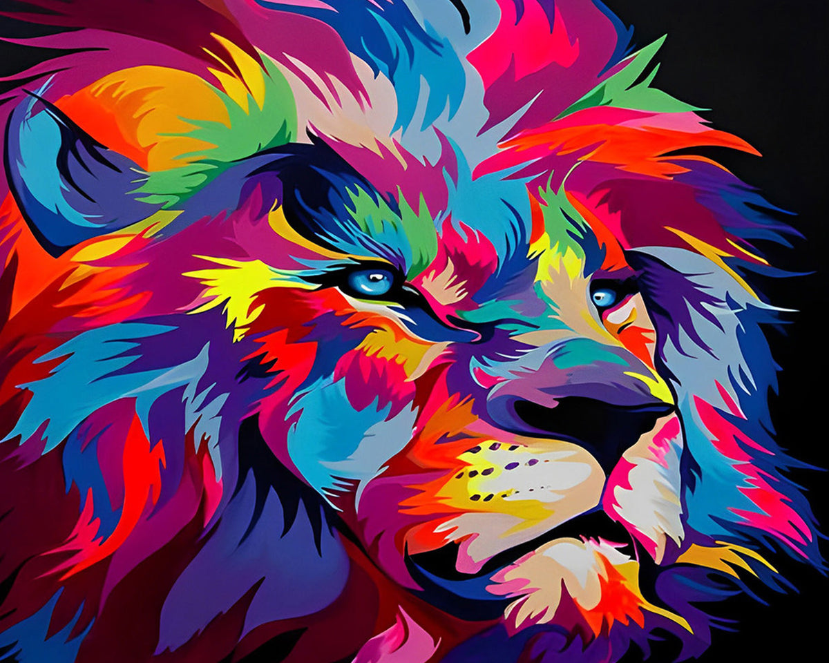 Vibrant pop art lion in the dark cross stitch kit for beginners