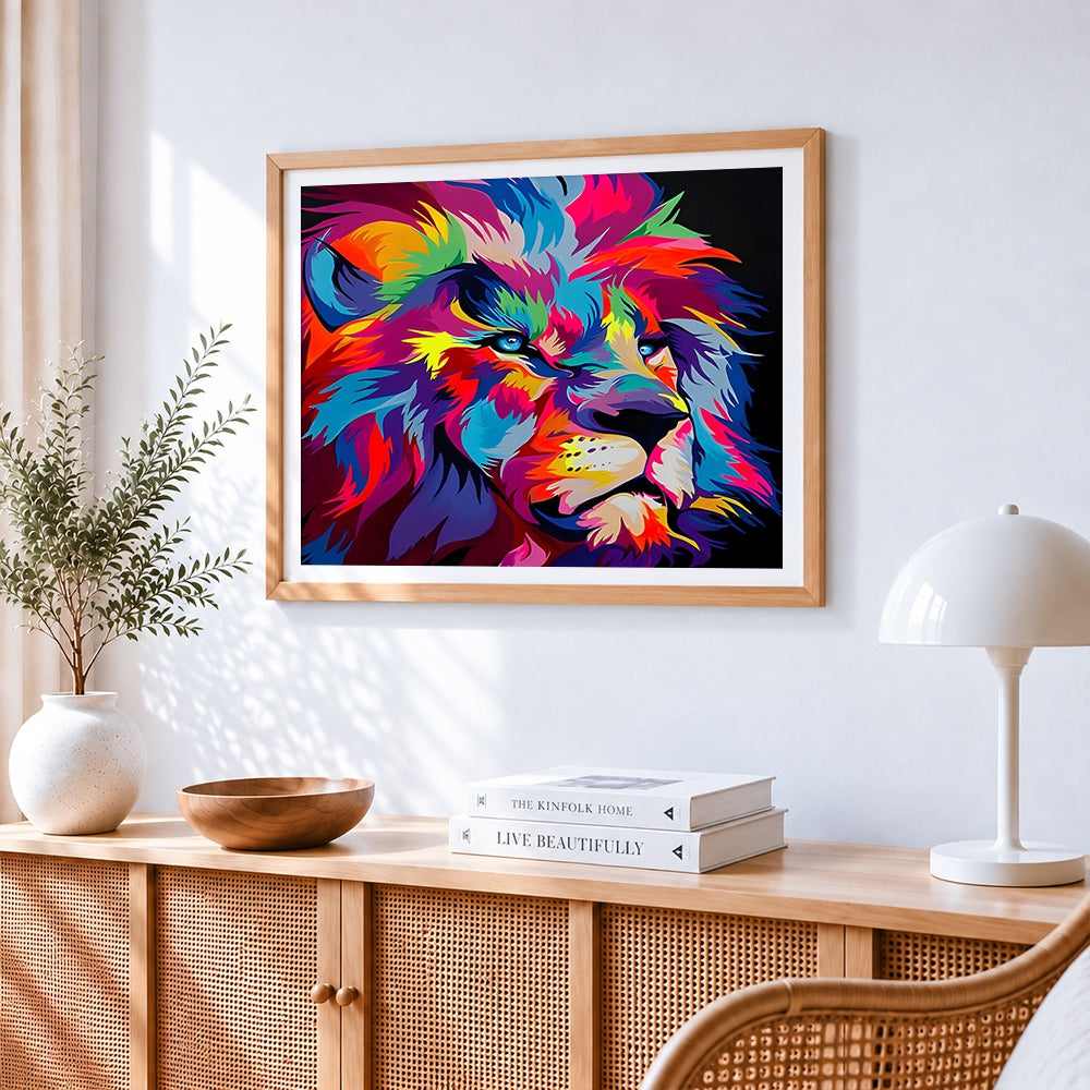 Vibrant pop art lion in the dark cross stitch artwork displayed on wall as home decor