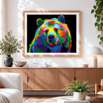 Finished vibrant pop art rainbow bear paint by numbers artwork displayed as home decor