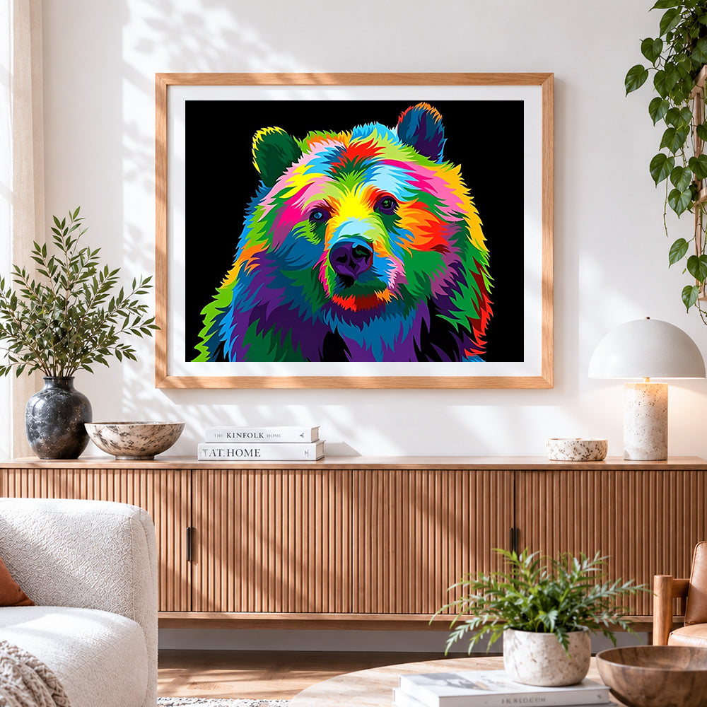 Finished vibrant pop art rainbow bear paint by numbers artwork displayed as home decor