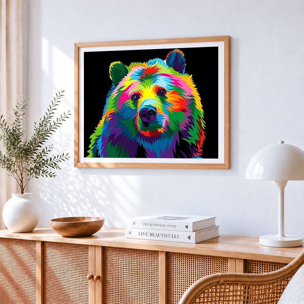 Vibrant pop art rainbow bear paint by numbers artwork displayed on wall as home decor