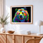 Vibrant pop art rainbow bear paint by numbers artwork displayed on wall as home decor