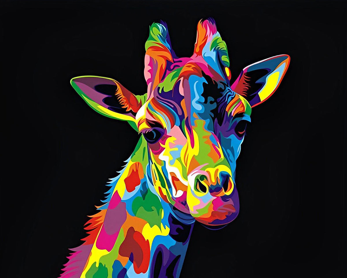 Vibrant pop art rainbow giraffe paint by numbers kit for beginners