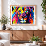 Finished vibrant pop art rainbow lion cross stitch artwork displayed
