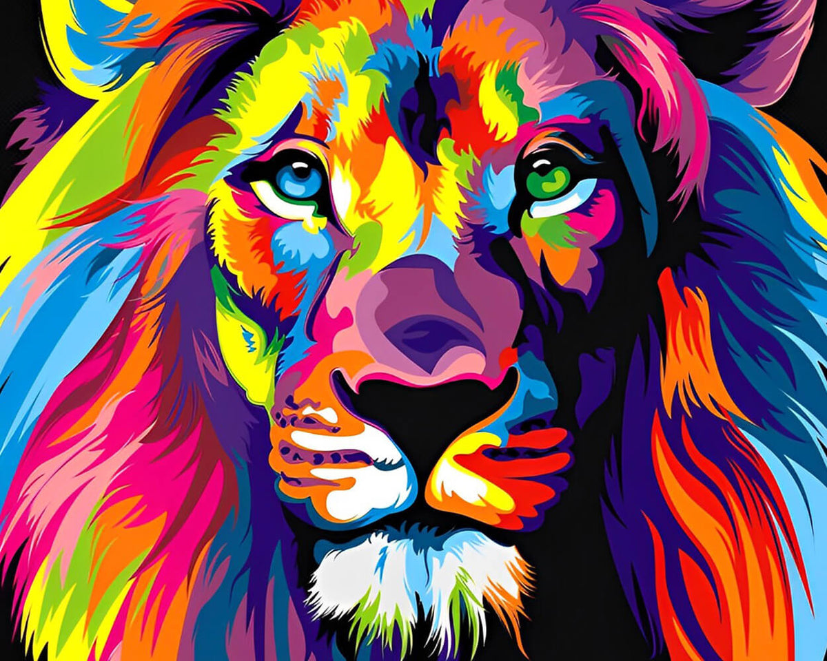 Vibrant pop art rainbow lion cross stitch kit for beginners