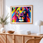Vibrant pop art rainbow lion cross stitch artwork displayed on wall as home decor