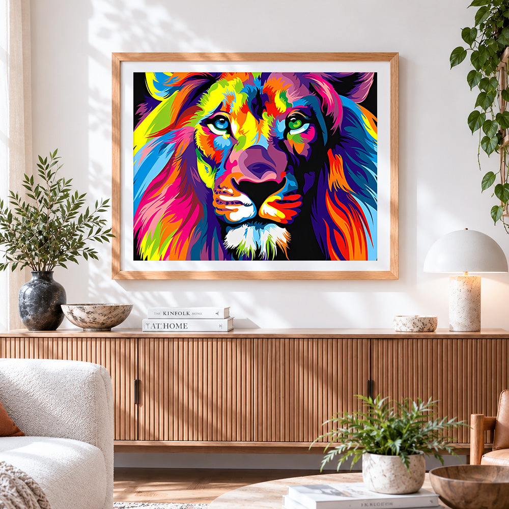 Finished vibrant pop art rainbow lion paint by numbers artwork displayed as home decor
