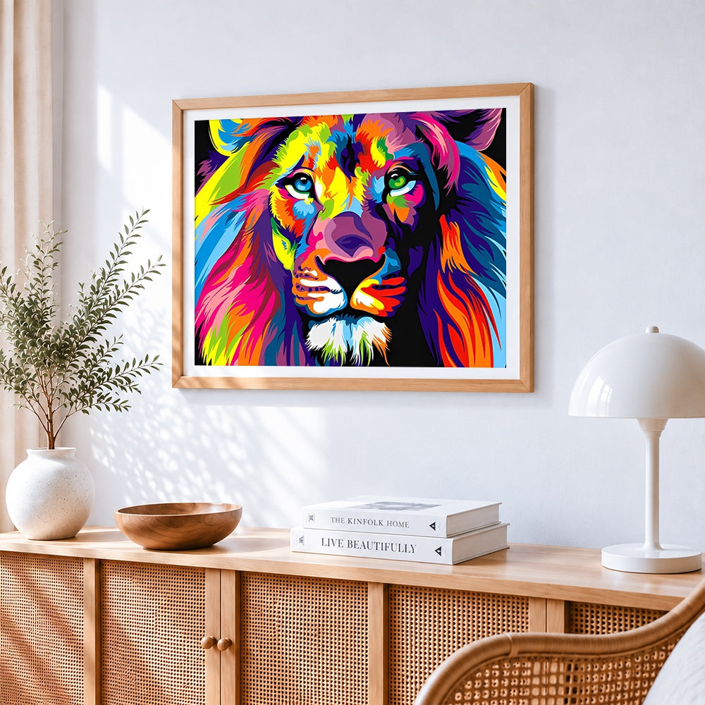 Vibrant pop art rainbow lion paint by numbers artwork displayed on wall as home decor