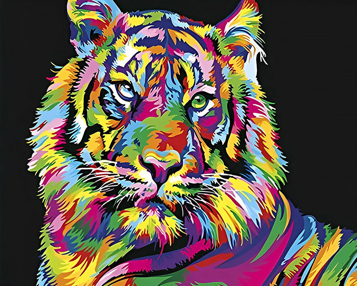 Vibrant pop art rainbow tiger cross stitch kit for beginners