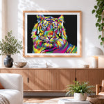 Finished vibrant pop art rainbow tiger paint by numbers artwork displayed as home decor