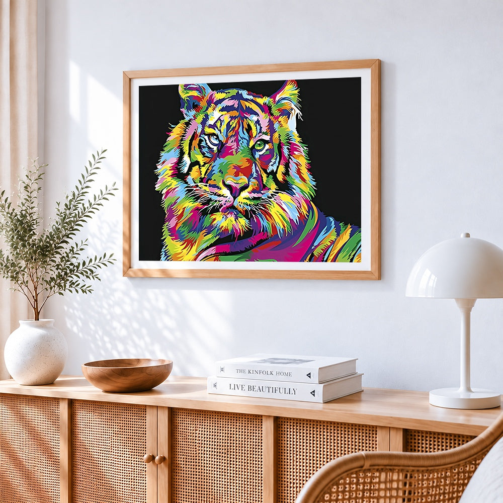 Vibrant pop art rainbow tiger paint by numbers artwork displayed on wall as home decor