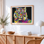 Vibrant pop art rainbow tiger paint by numbers artwork displayed on wall as home decor
