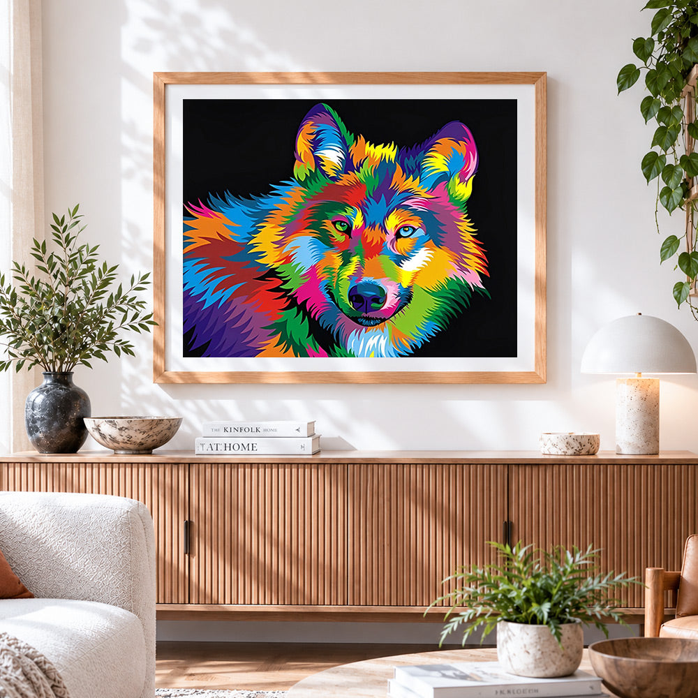 Finished vibrant pop art rainbow wolf cross stitch artwork displayed
