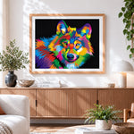 Finished vibrant pop art rainbow wolf paint by numbers artwork displayed as home decor