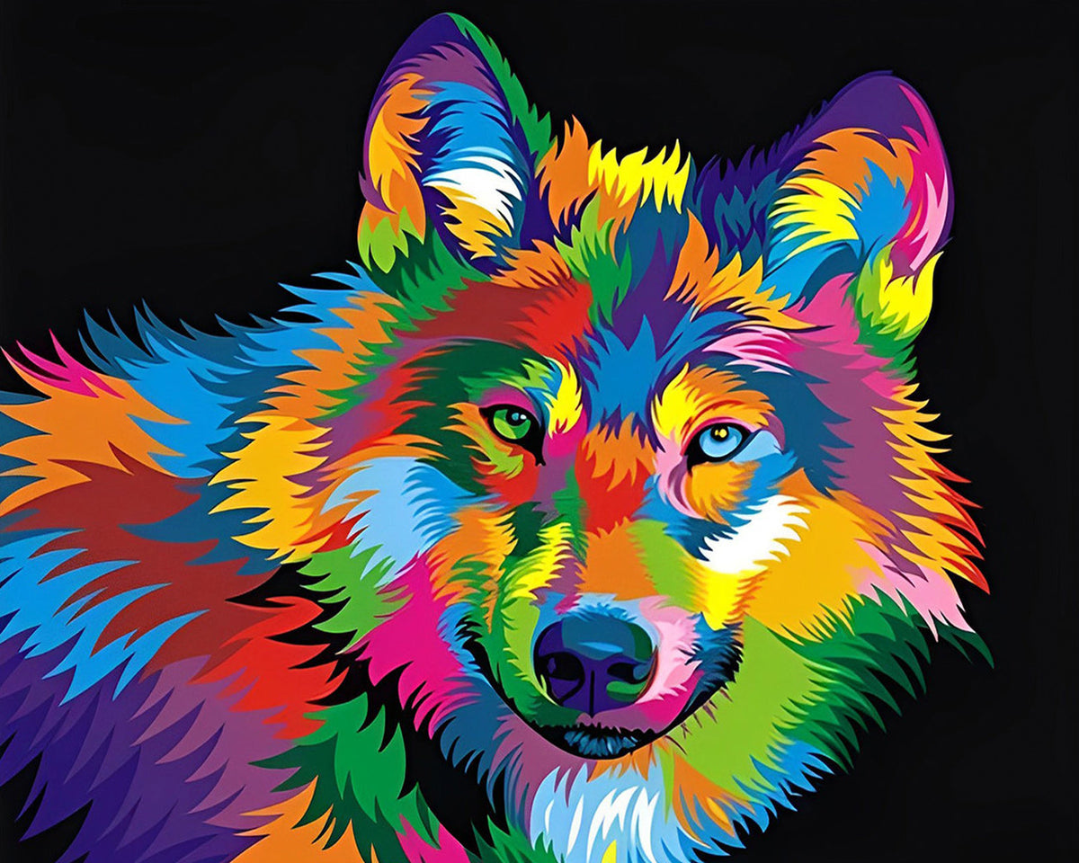 Vibrant pop art rainbow wolf paint by numbers kit for beginners