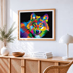 Vibrant pop art rainbow wolf paint by numbers artwork displayed on wall as home decor