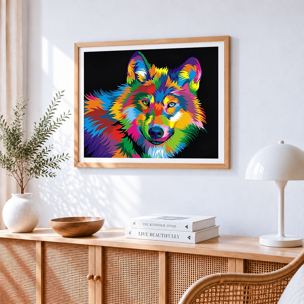 Vibrant pop art rainbow wolf paint by numbers artwork displayed on wall as home decor