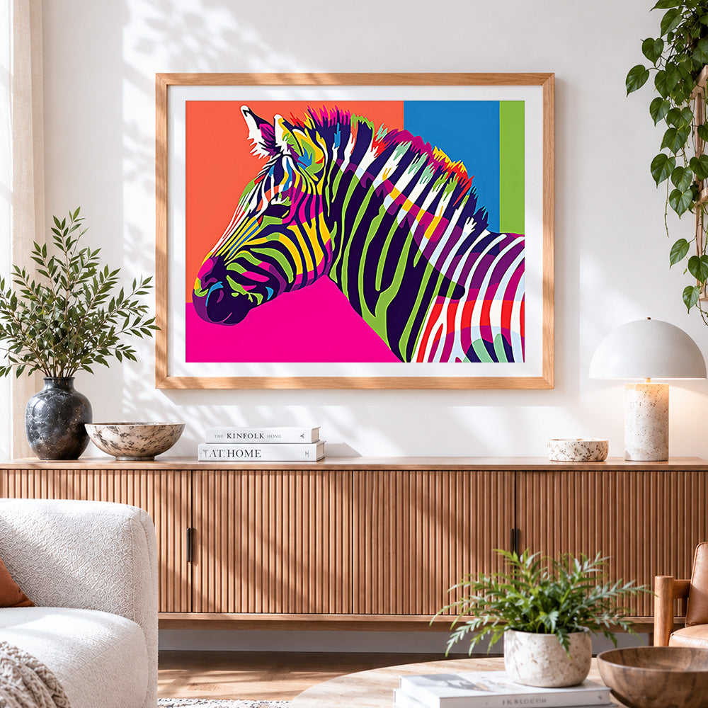 Finished vibrant pop art rainbow zebra cross stitch artwork displayed
