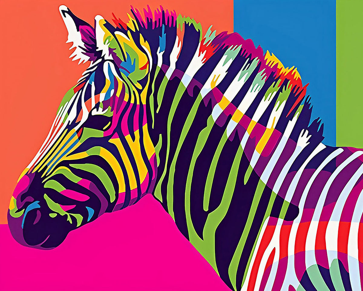Vibrant pop art rainbow zebra paint by numbers kit for beginners