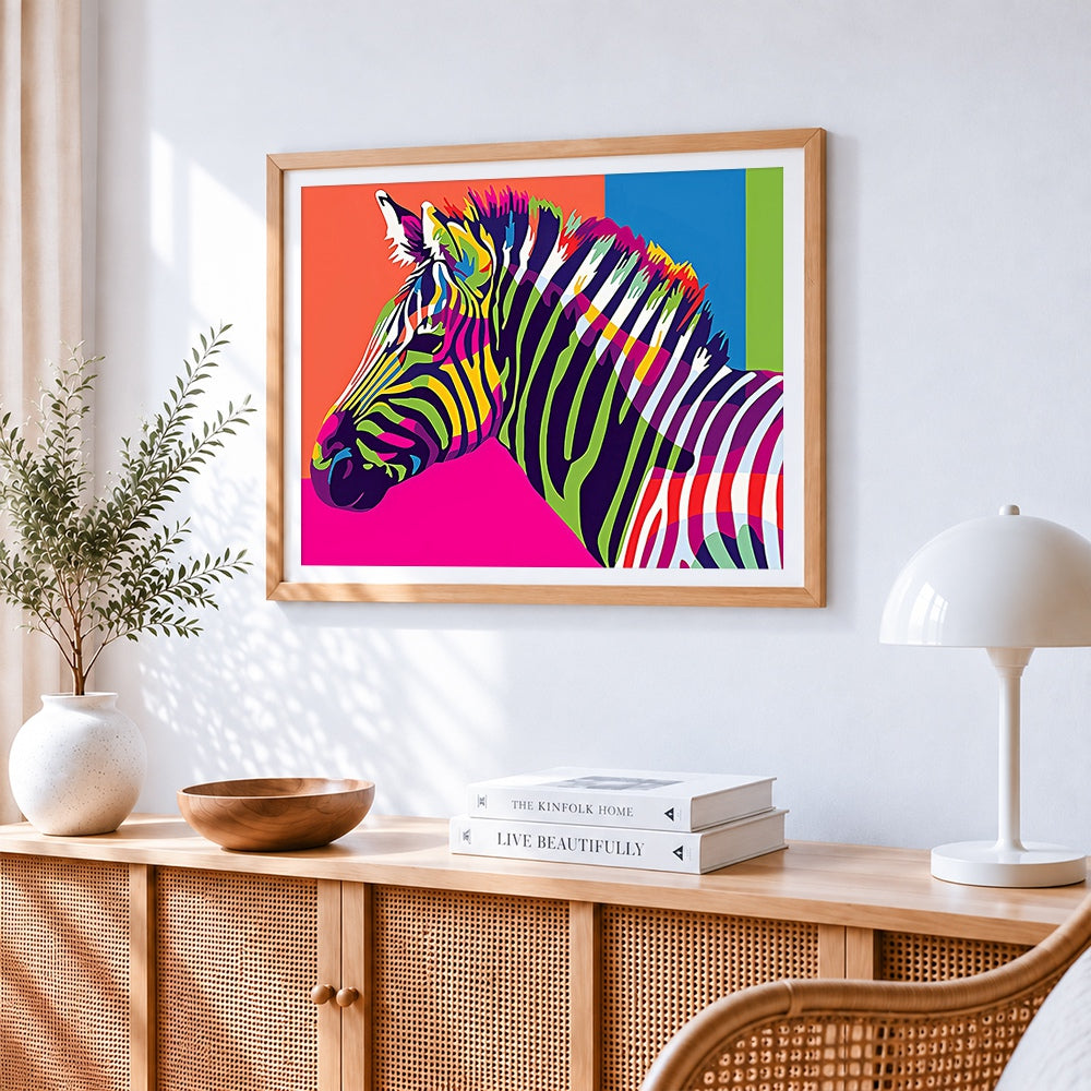 Vibrant pop art rainbow zebra paint by numbers artwork displayed on wall as home decor