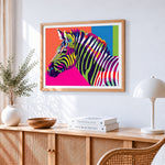 Vibrant pop art rainbow zebra paint by numbers artwork displayed on wall as home decor