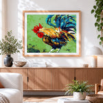 Finished vibrant pop art rooster cross stitch artwork displayed