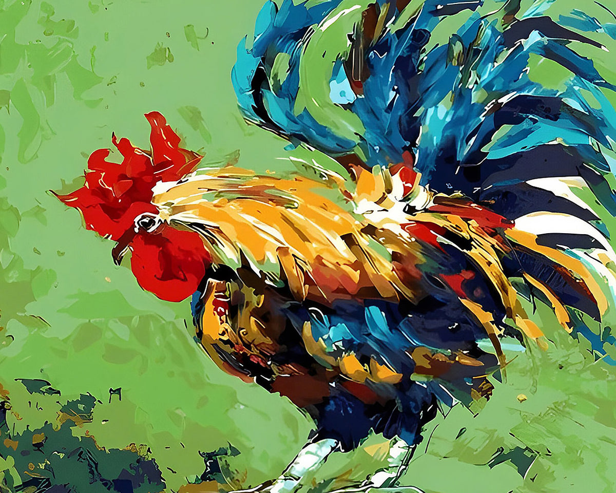 Vibrant pop art rooster cross stitch kit for beginners