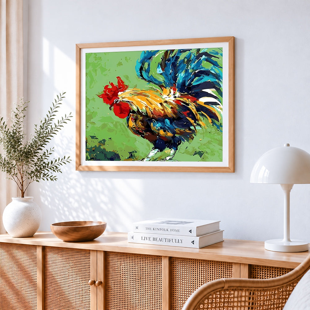 Vibrant pop art rooster cross stitch artwork displayed on wall as home decor