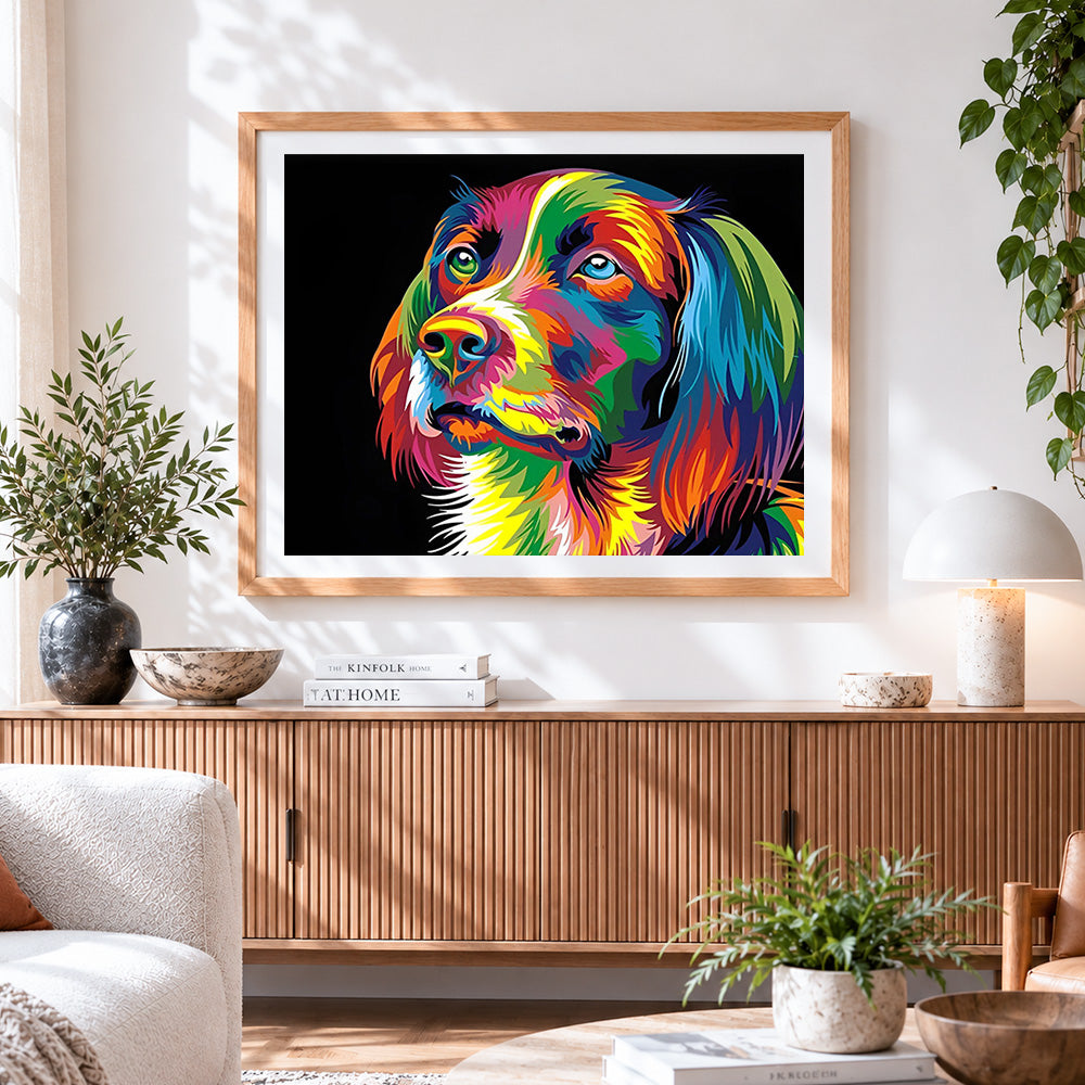 Finished vibrant pop art spaniel on black background cross stitch artwork displayed