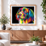 Finished vibrant pop art spaniel on black background cross stitch artwork displayed