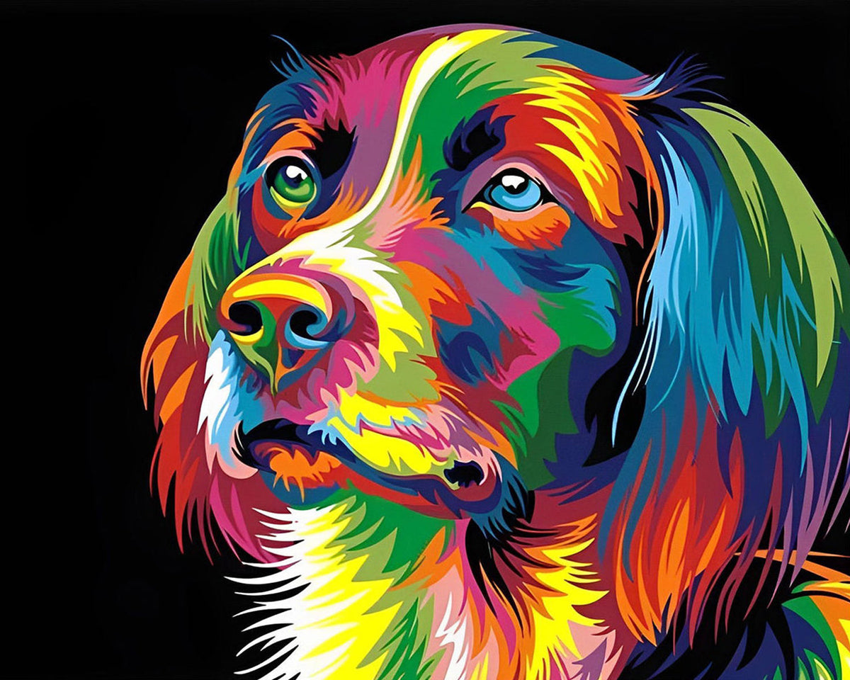 Vibrant pop art spaniel on black background cross stitch kit for beginners