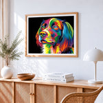 Vibrant pop art spaniel on black background cross stitch artwork displayed on wall as home decor