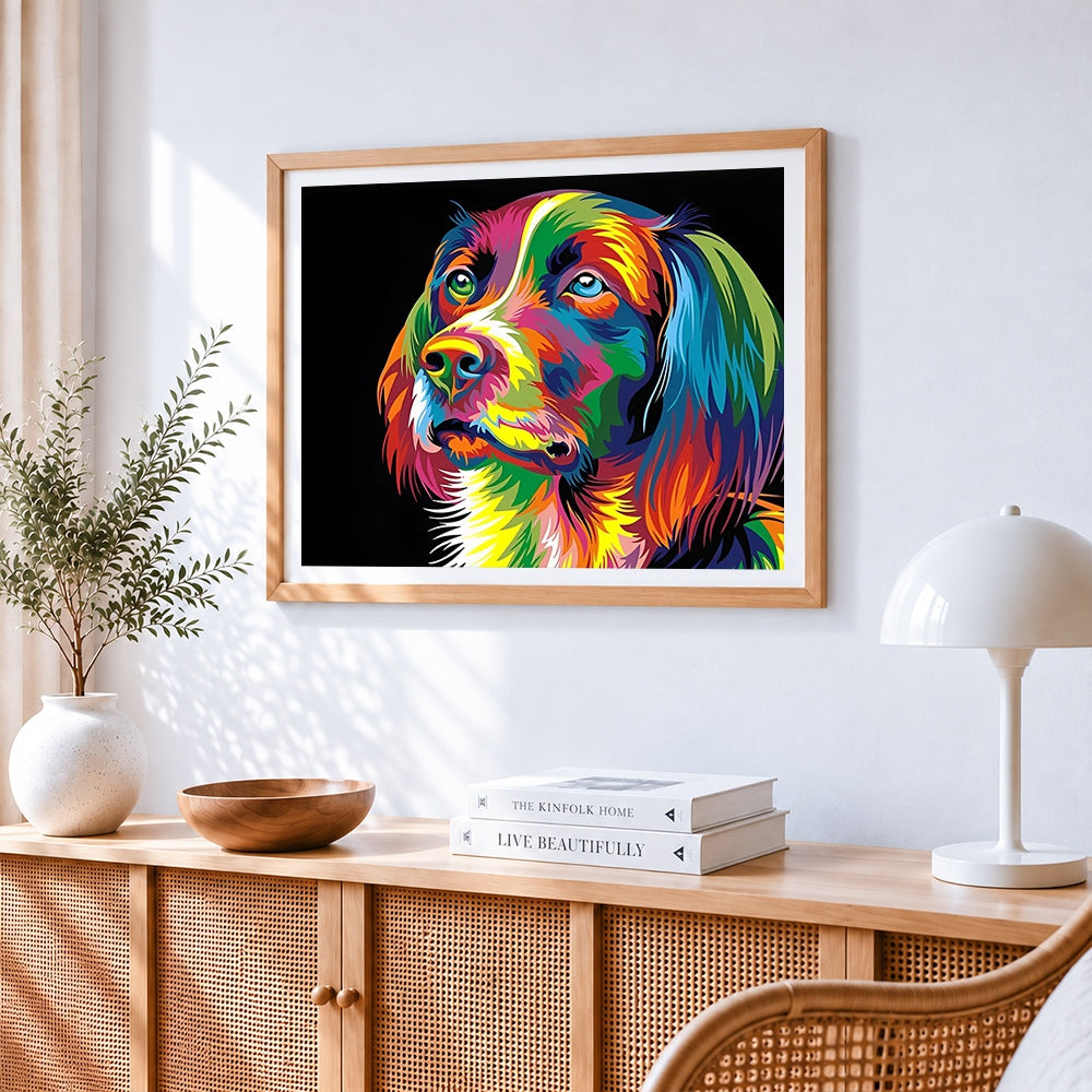 Vibrant pop art spaniel on black background cross stitch artwork displayed on wall as home decor