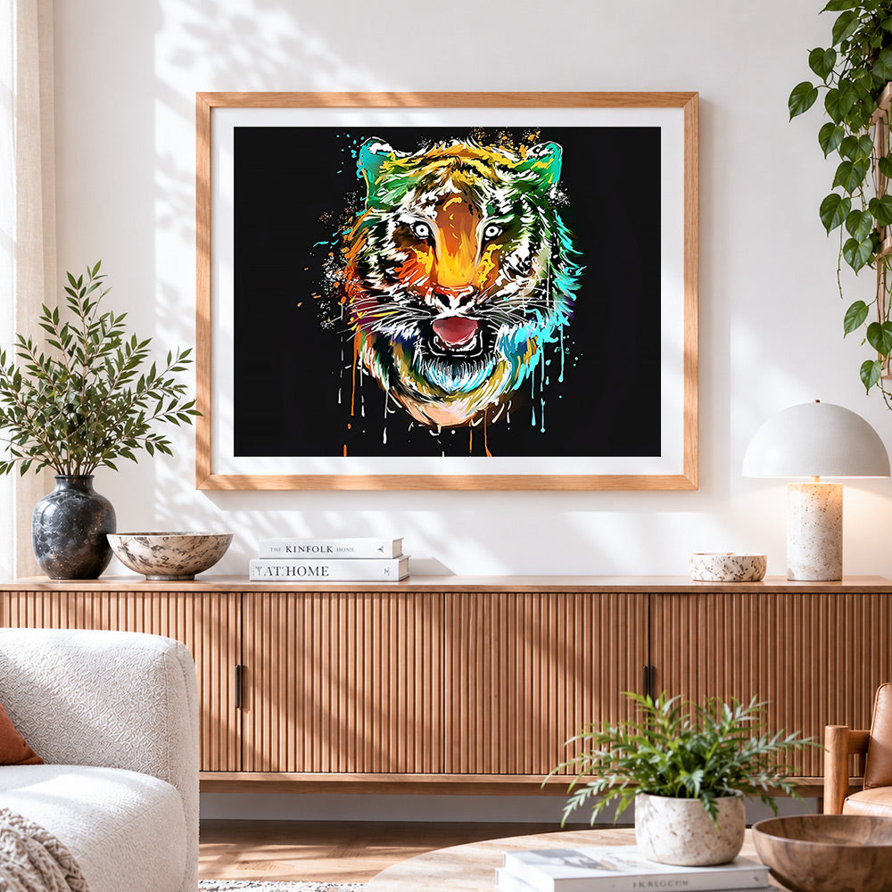 Finished vibrant pop art tiger head cross stitch artwork displayed