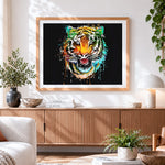 Finished vibrant pop art tiger head cross stitch artwork displayed