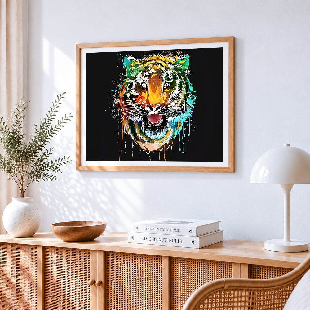 Vibrant pop art tiger head cross stitch artwork displayed on wall as home decor