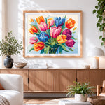 Finished vibrant pop art tulip bouquet paint by numbers artwork displayed as home decor