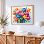 Vibrant pop art tulip bouquet paint by numbers artwork displayed on wall as home decor