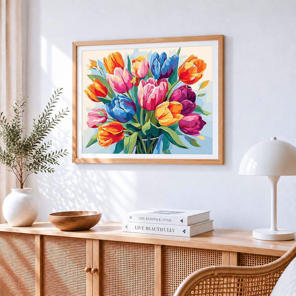 Vibrant pop art tulip bouquet paint by numbers artwork displayed on wall as home decor