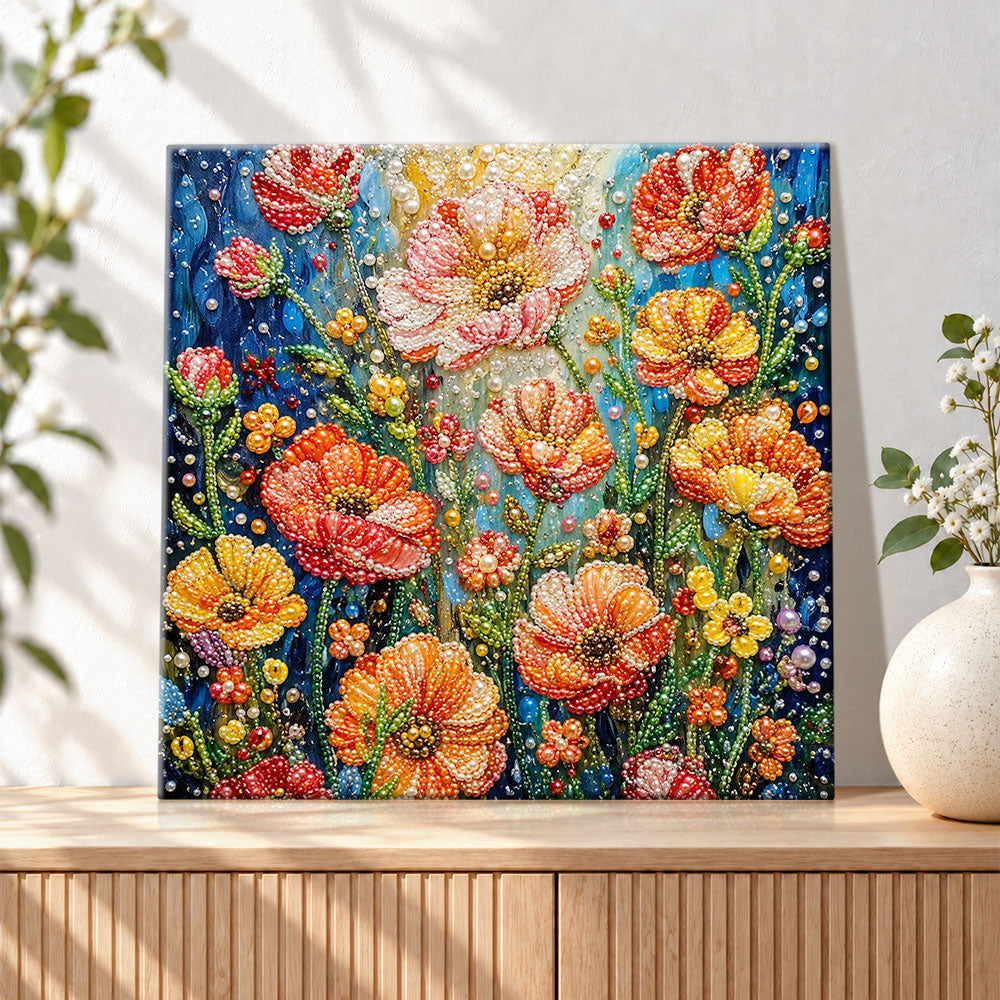 Finished vibrant poppy flowers pearl diamond painting artwork displayed as holiday home decor