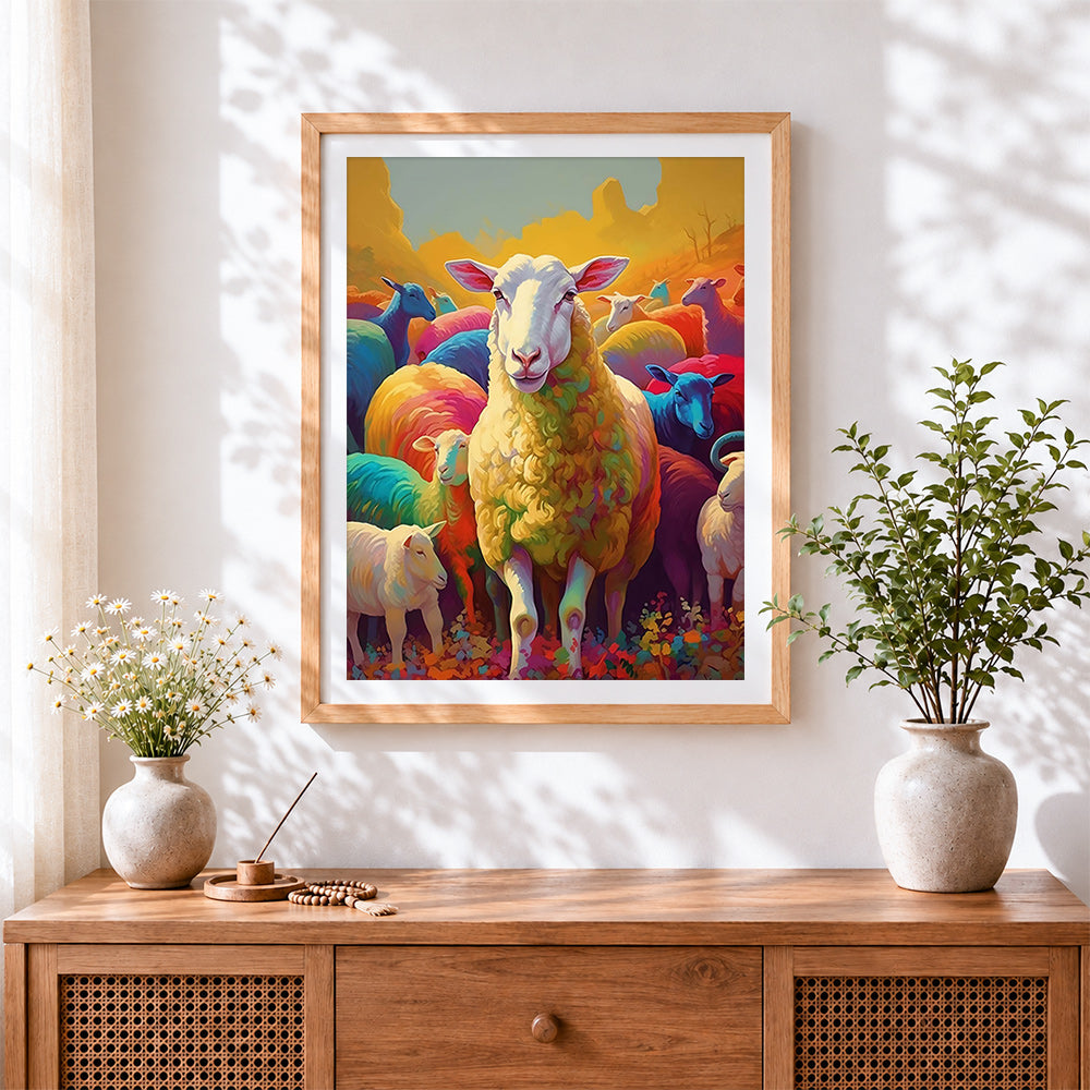 Finished vibrant rainbow flock of sheep cross stitch artwork displayed