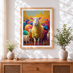 Finished vibrant rainbow flock of sheep cross stitch artwork displayed