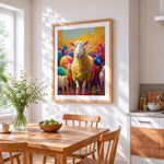 Vibrant rainbow flock of sheep cross stitch artwork displayed on wall as home decor