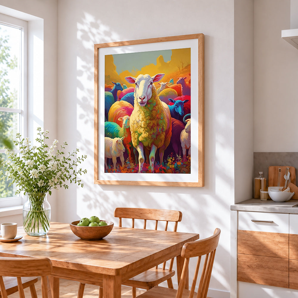Vibrant rainbow flock of sheep cross stitch artwork displayed on wall as home decor