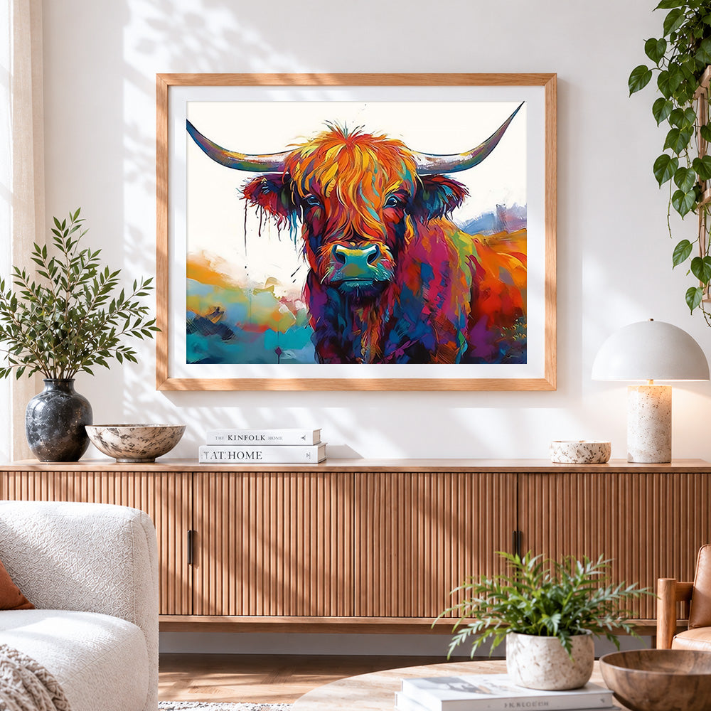 Finished vibrant rainbow highland cow cross stitch artwork displayed