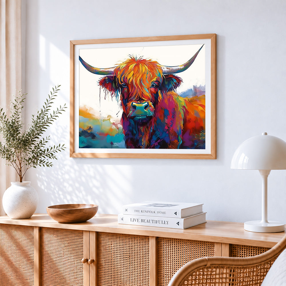 Vibrant rainbow highland cow cross stitch artwork displayed on wall as home decor
