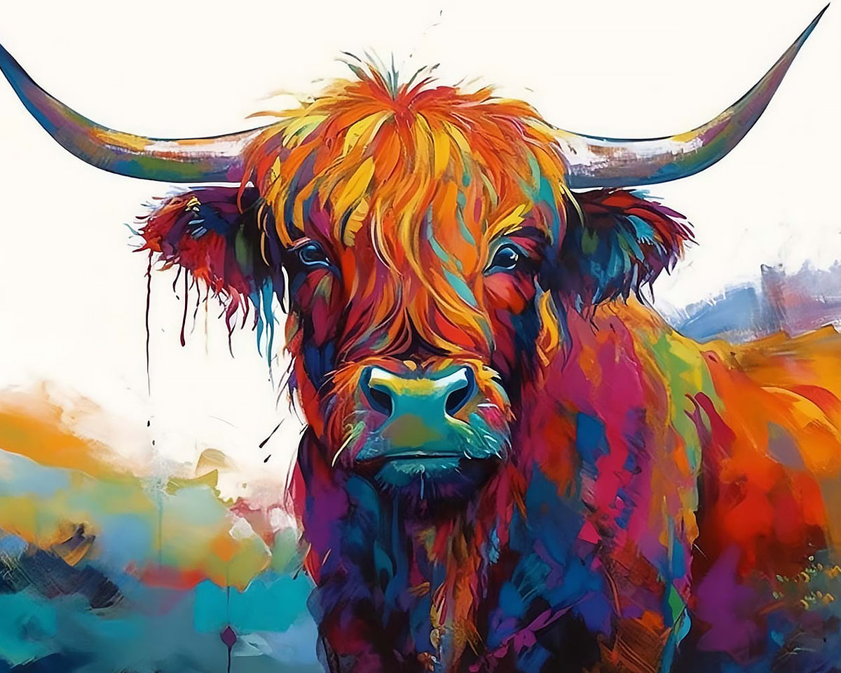 Vibrant rainbow highland cow paint by numbers kit for beginners
