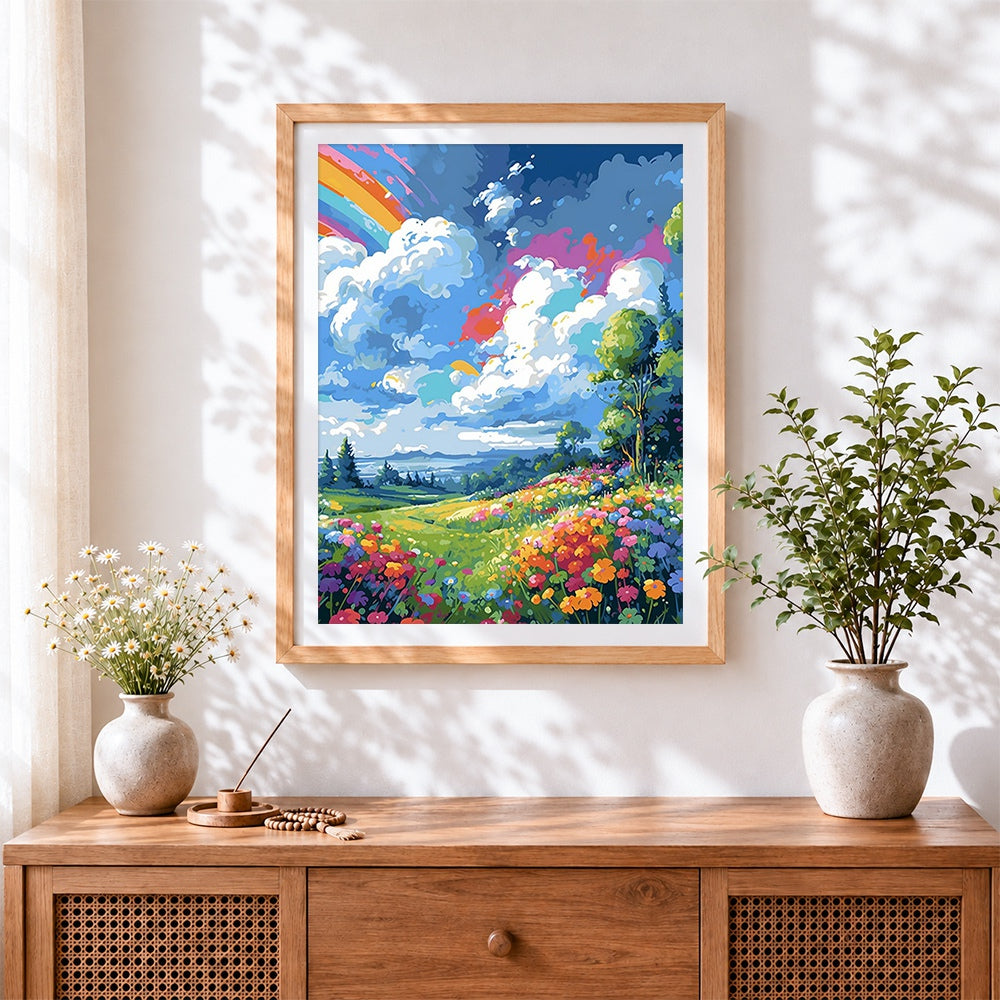 Finished vibrant rainbow landscape cross stitch artwork displayed