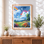 Finished vibrant rainbow landscape cross stitch artwork displayed